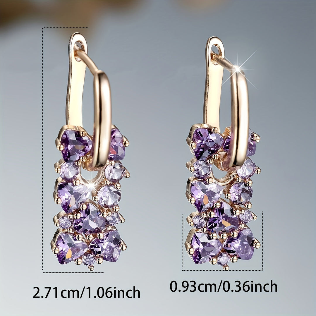 Pendientes de aro chapados en oro con circonita púrpura elegantes  