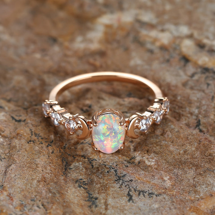 Elegant Rainbow White Fire Opal Small Moon Gold Plated Rings