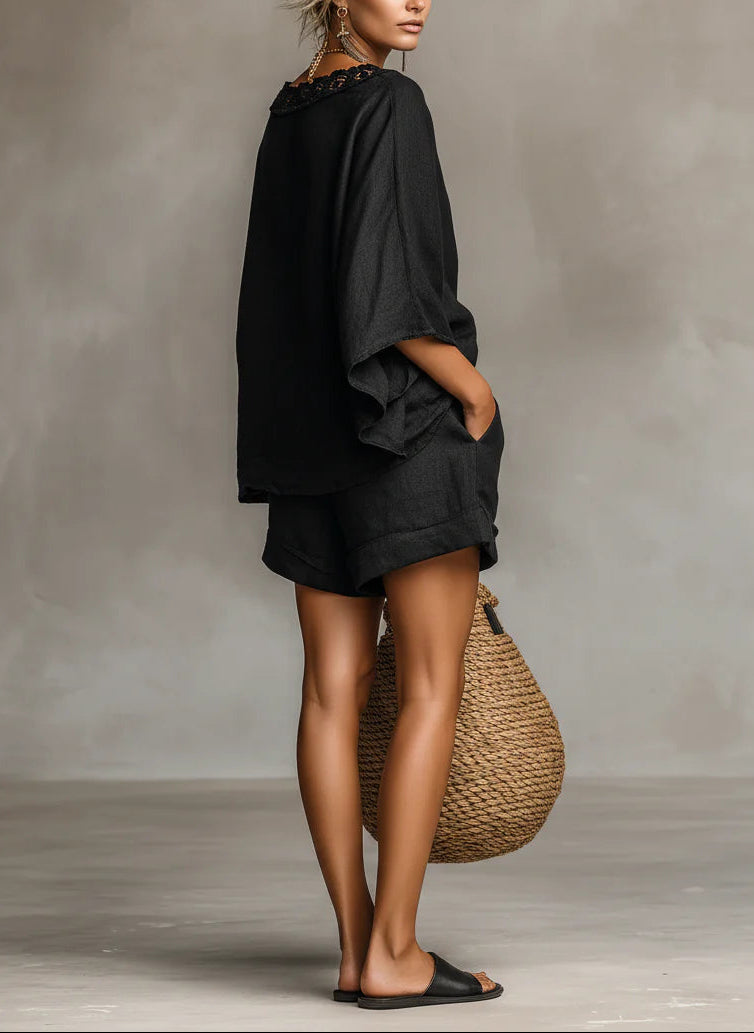 Conjunto de Blusa de Encaje con Cuello Barco Lila y Shorts