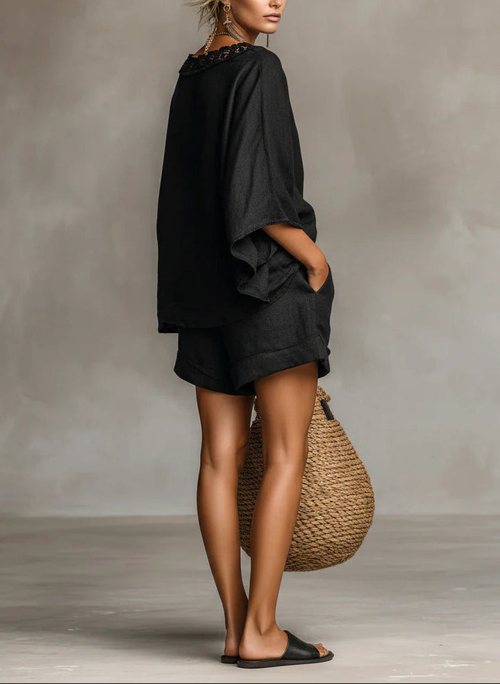 Conjunto de Blusa de Encaje con Cuello Barco Lila y Shorts