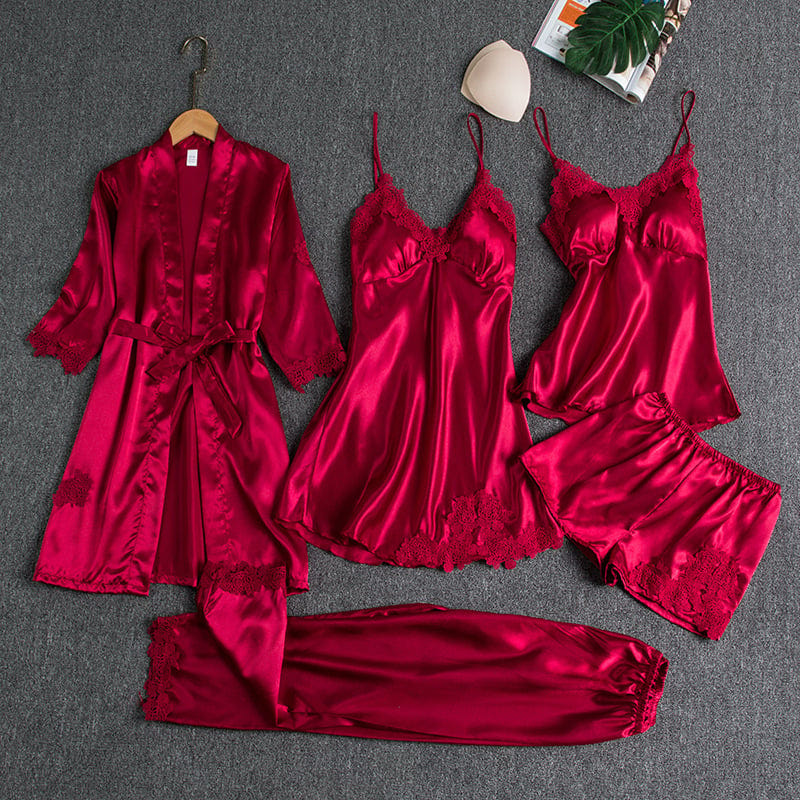 Rebecca | Ensemble de lingerie de nuit cinq pièces en soie et dentelle