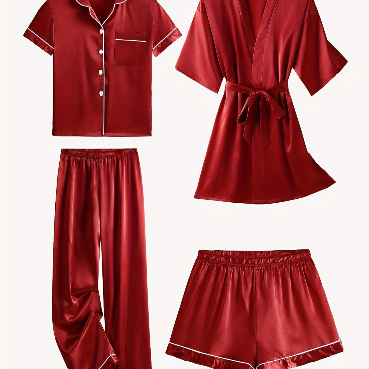 Juliette | Conjunto de pijama y bata de satén liso de manga media, de 4 piezas