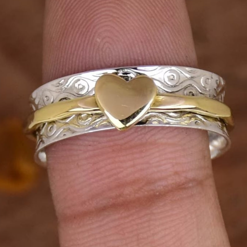Bohemian Two Tone Heart Spinner Band Ring
