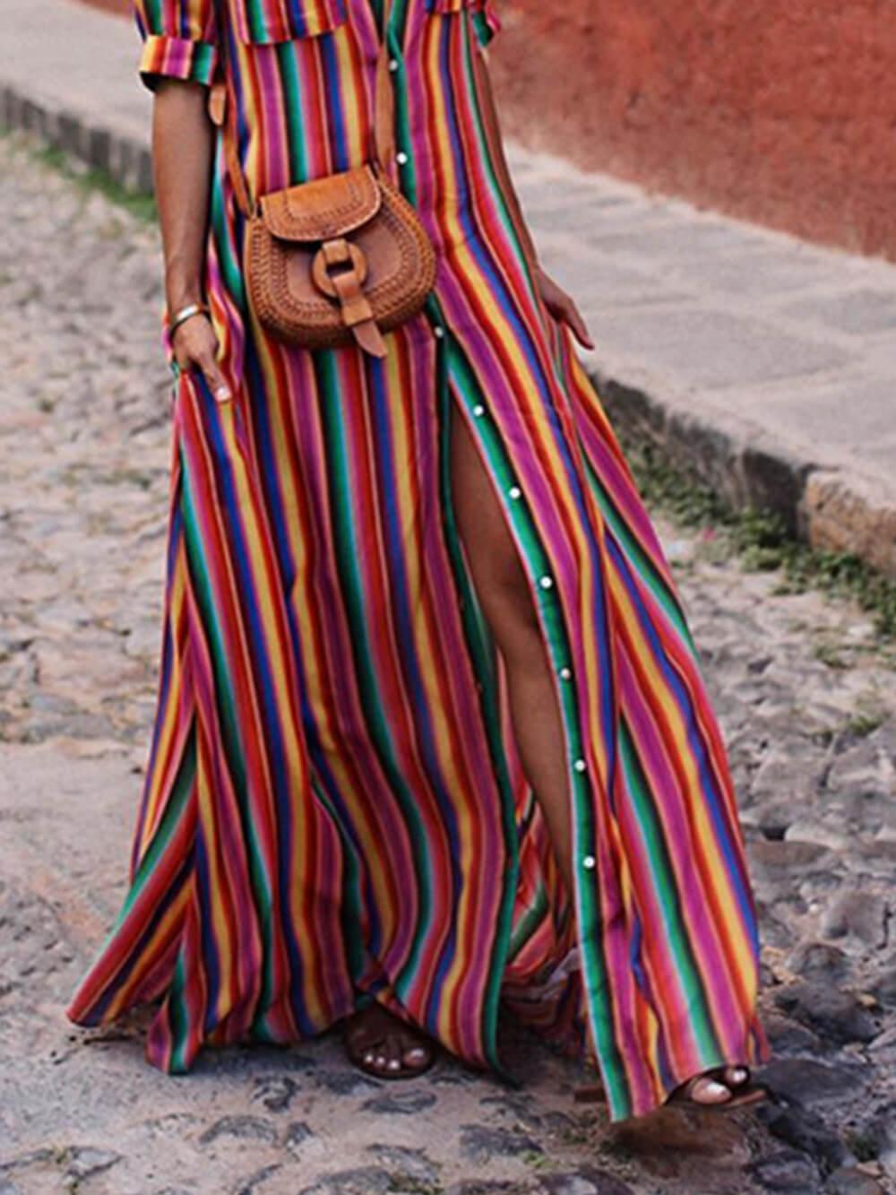 Nancy | Saia maxi casual de verão com estampa listrada e camisa