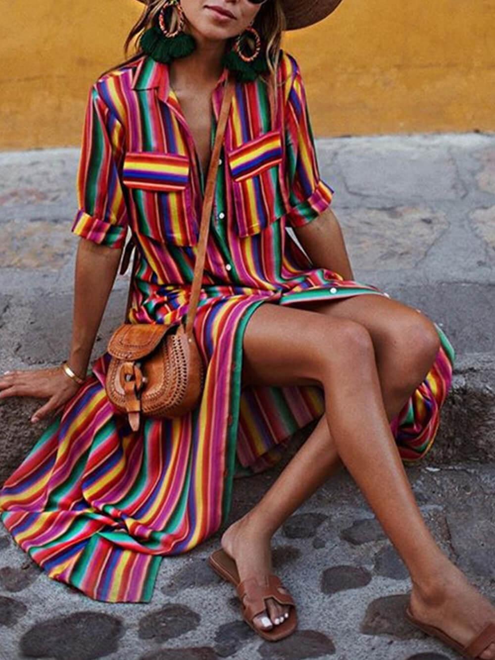 Nancy | Saia maxi casual de verão com estampa listrada e camisa
