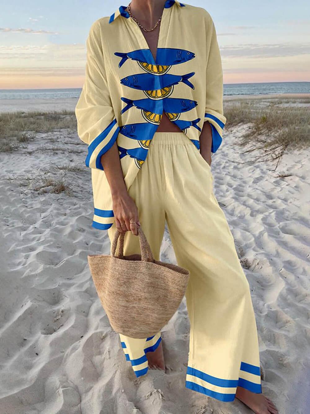Conjunto de camisa con estampado oceánico y pantalones con bolsillos Sierra