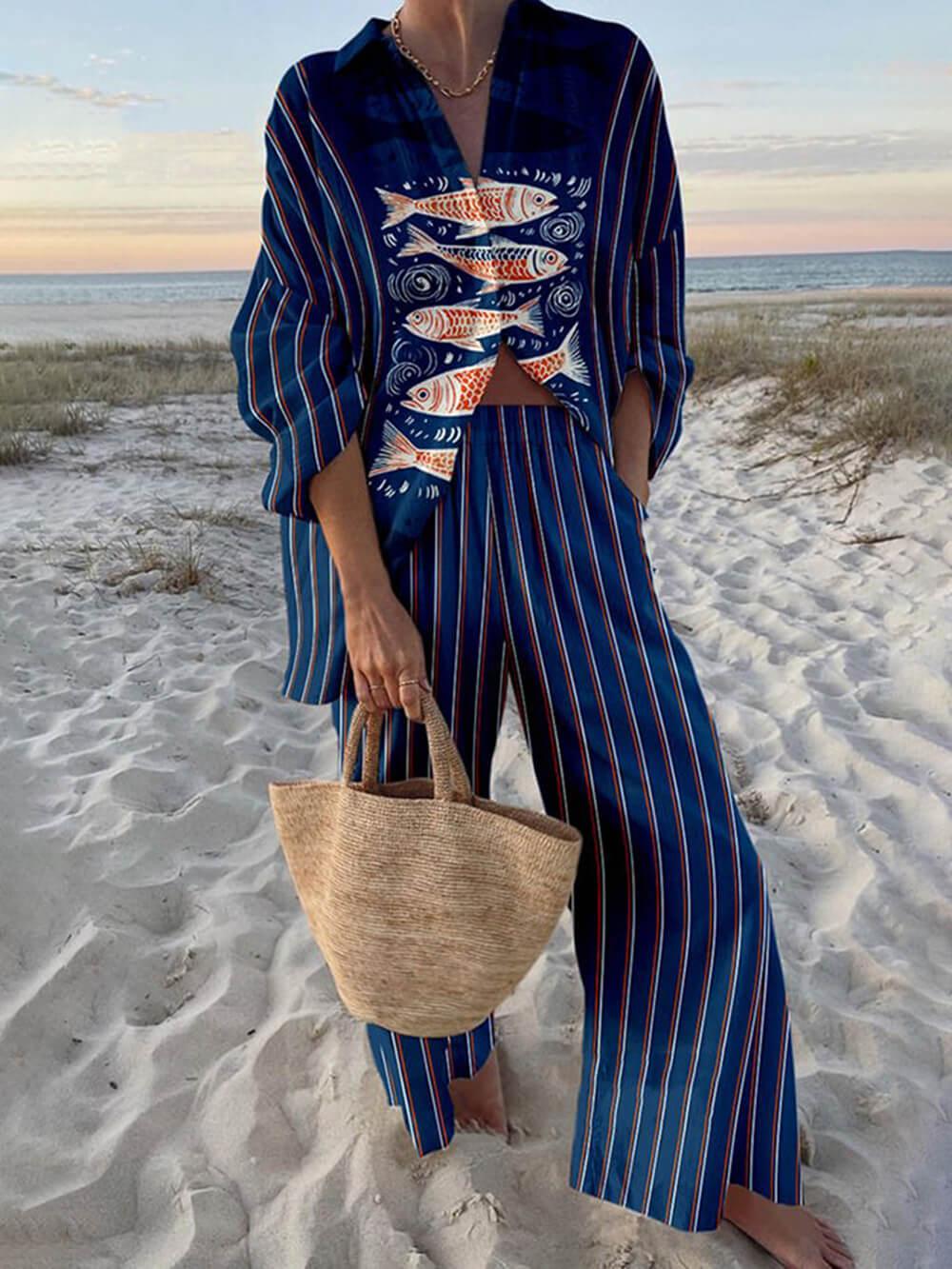 Conjunto de camisa con estampado oceánico y pantalones con bolsillos Sierra