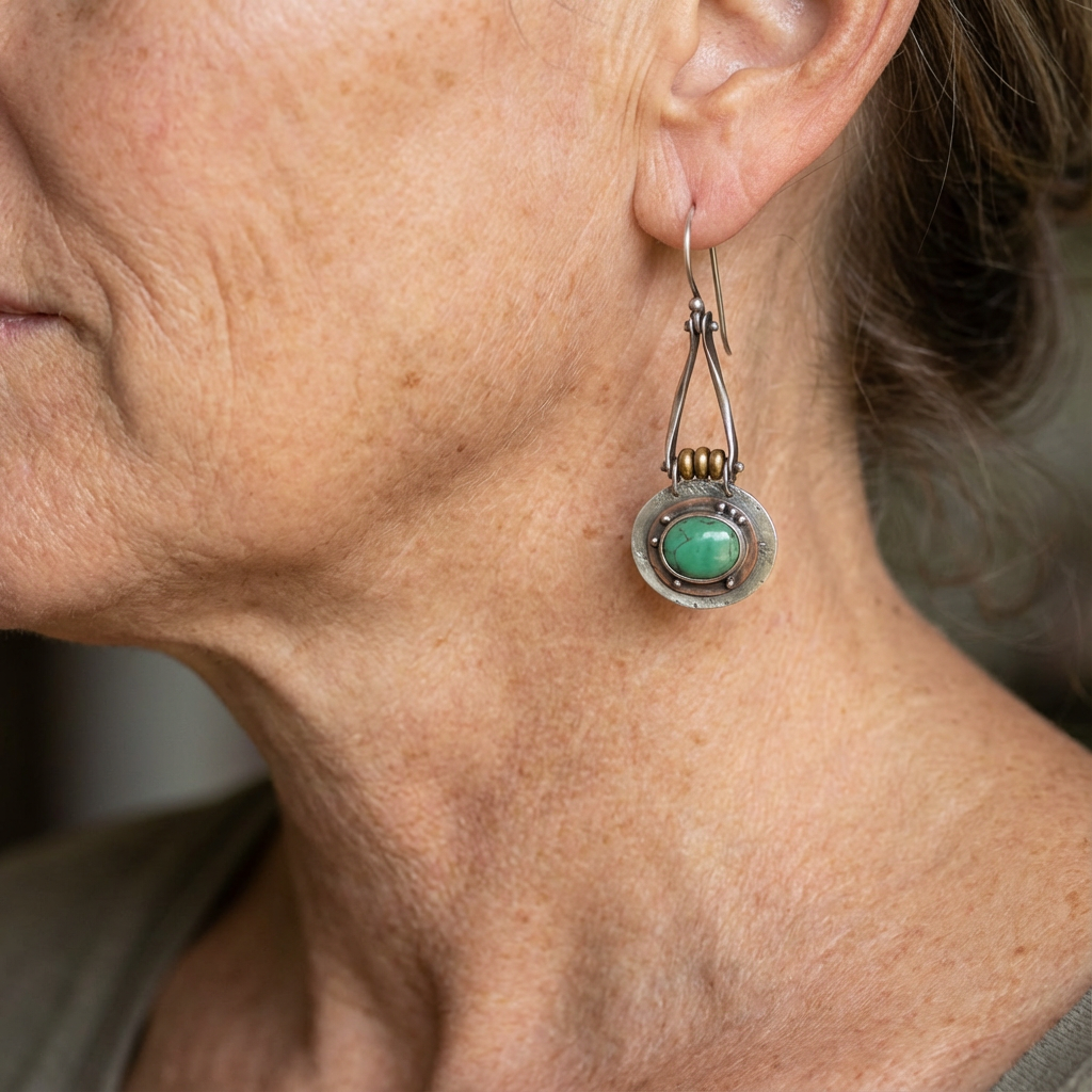 Pendientes artesanales colgantes de metal mixto con turquesa