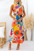 Summer | Robe longue sans manches à imprimé floral, taille cintrée et col à nouer