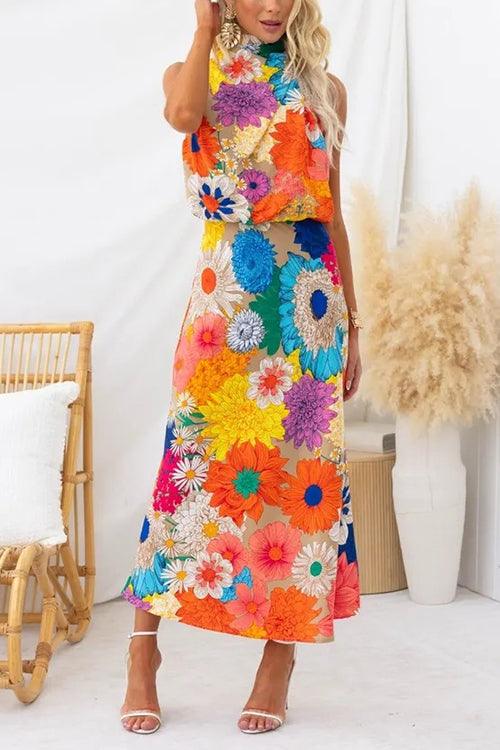Summer | Vestido largo sin mangas con cuello anudado, cintura ajustada y estampado floral