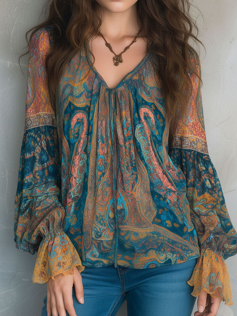 Sara | Bohemian Teal & Amber Paisley Chiffon Blouse With Ruffled Cuffs