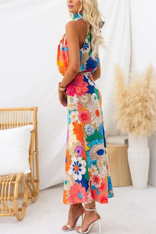 Summer | Robe longue sans manches à imprimé floral, taille cintrée et col à nouer