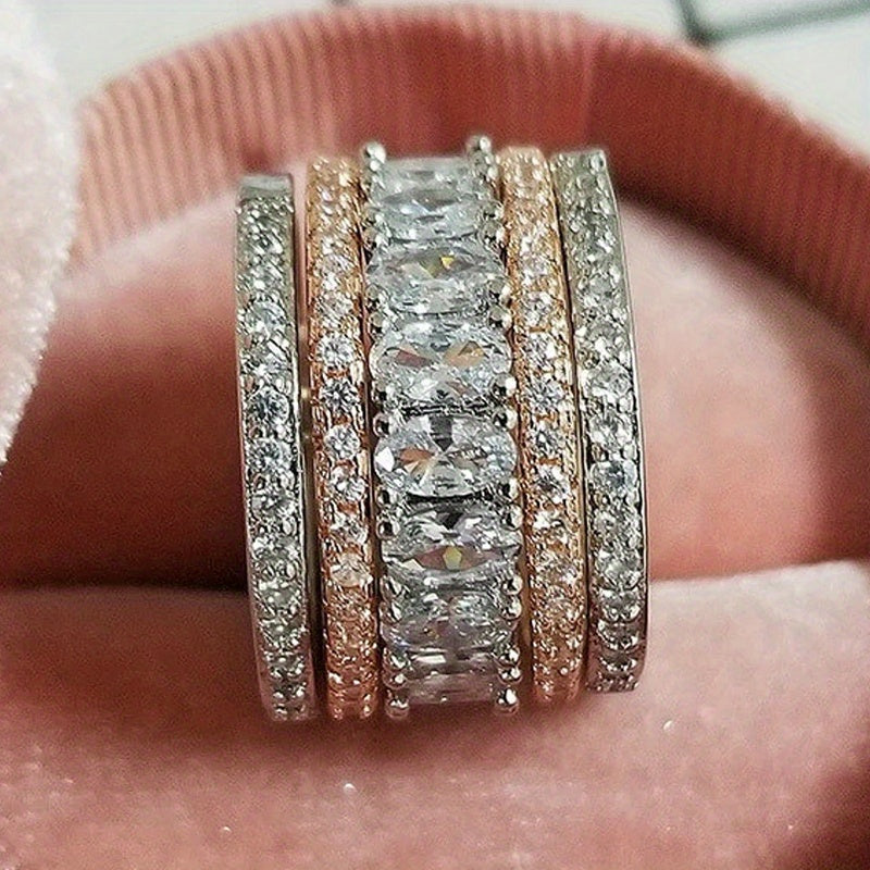 Elegant Wide Band Shiny Zirconia Two Color Ring