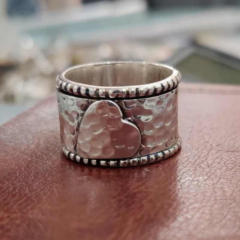 Vintage Handcrafted Silver Plated Wide Band Heart Spinner Ring