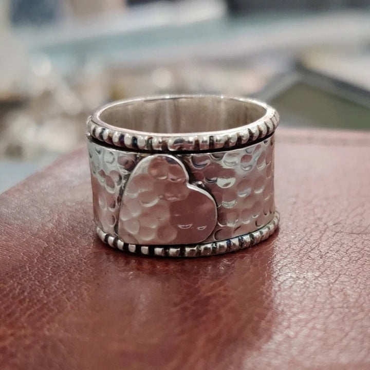Vintage Handcrafted Silver Plated Wide Band Heart Spinner Ring