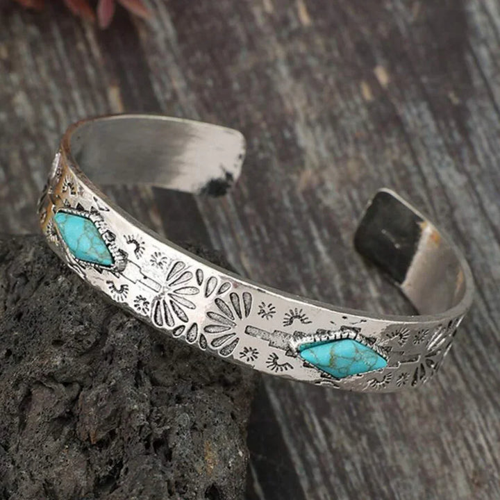 Vintage Bohemian Western Totem Engraved Inlaid Turquoise Bracelet
