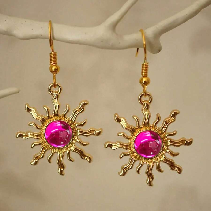 Pendiente colgante acrílico dorado con girasol barroco, estilo bohemio