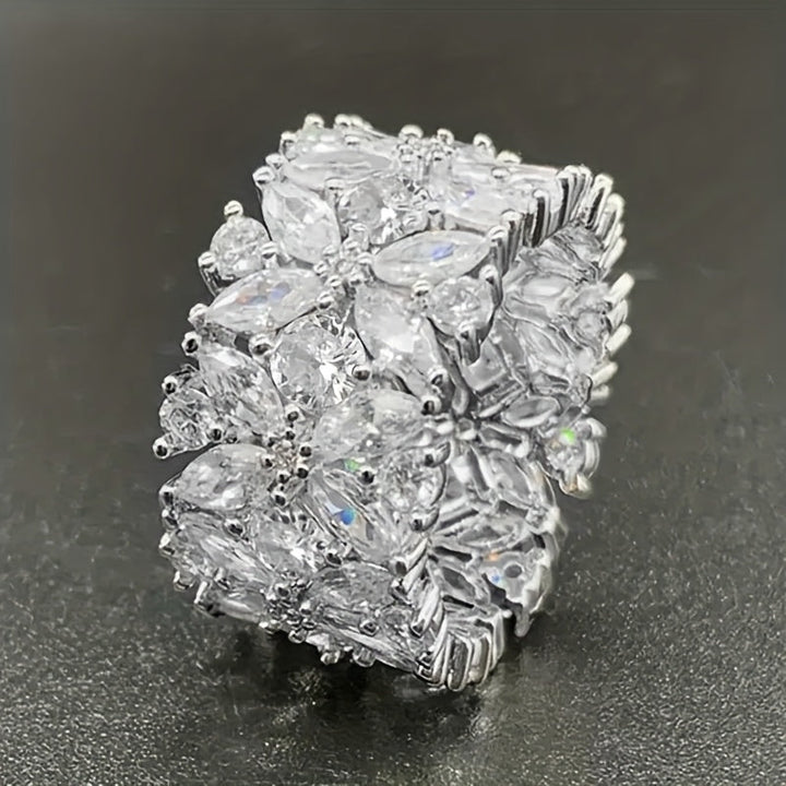 Stylish Wide Zirconia Floral Cluster Diamond Ring