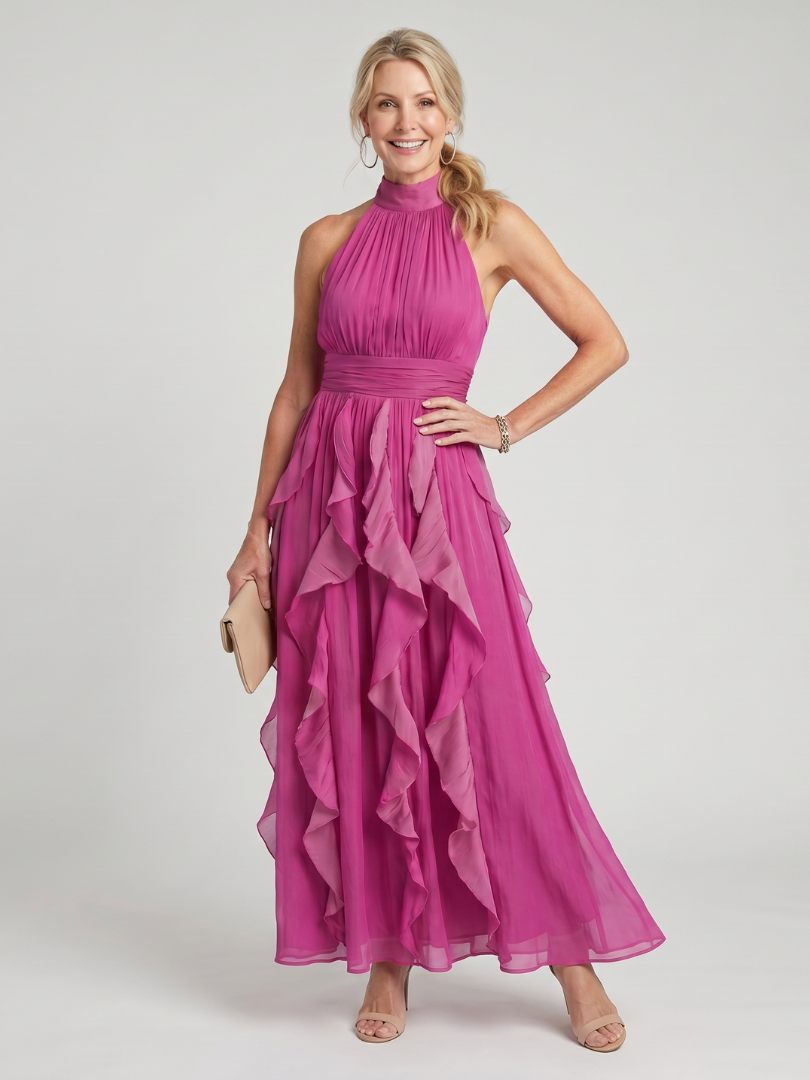Orea | Vestido largo de cuello alto con capas fruncidas y volantes