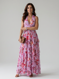 Nori | Robe longue à fleurs, encolure dos nu et corsage froncé