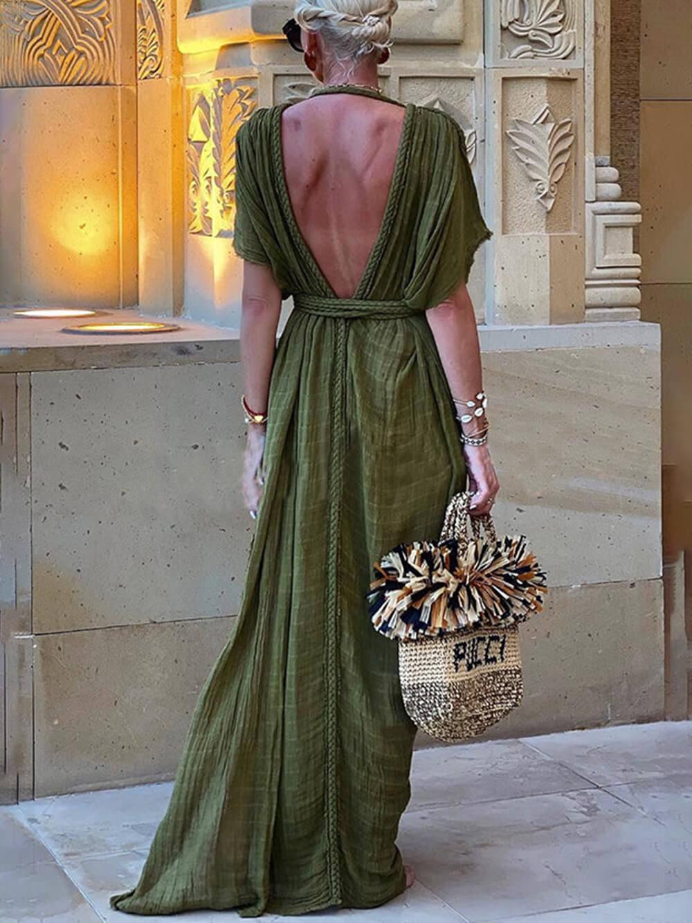 Elena | Vestido longo com fenda e cobertura drapeada de quimono com tranças