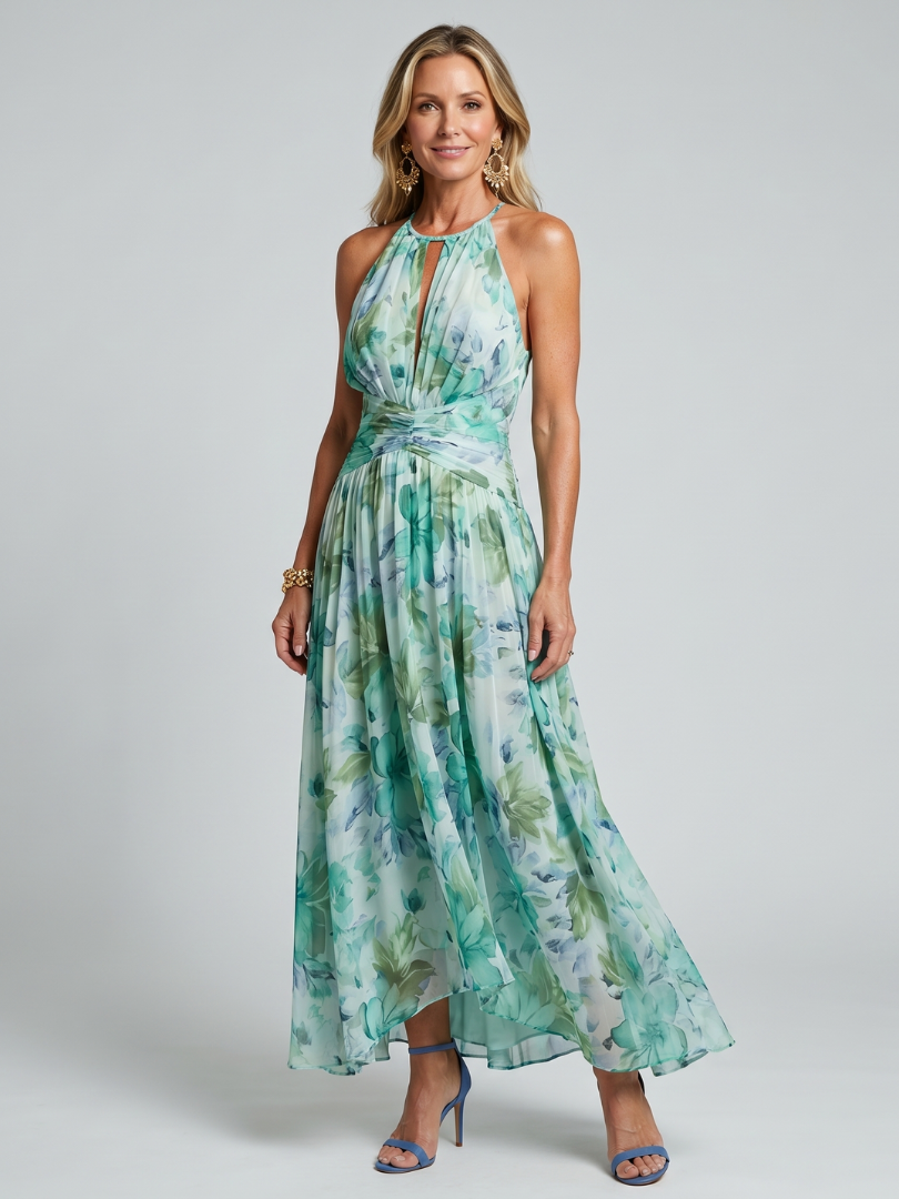 Portia | Vestido midi suave de flores, con cuello halter y corpiño plisado