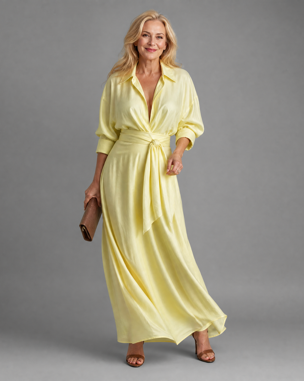 Zelith | Robe midi fluide à manches longues, col chemise et ceinture