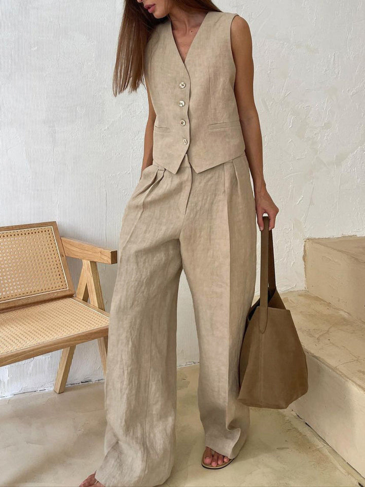 Conjunto de Pantalones Amplios Plisados con Escote en V Lila