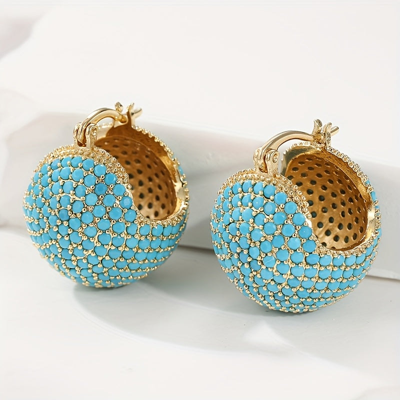 Pendientes clásicos retro de aro cúpula dorada con turquesa