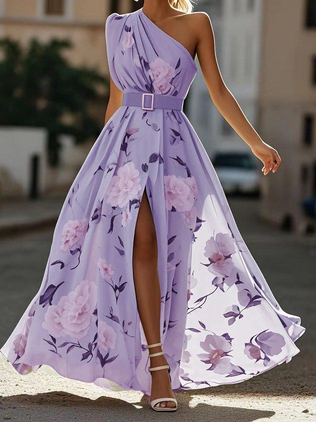 Julie | Vestido maxi de gasa verde claro con flores y un solo hombro