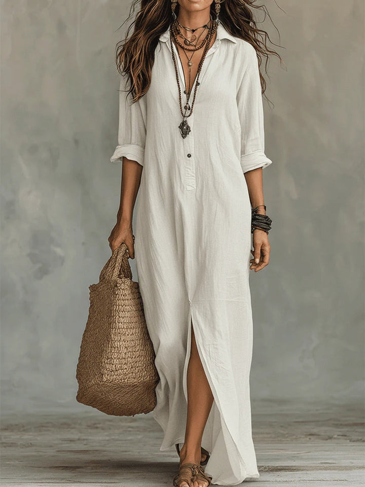 Soline | Vestido Largo Relajado con Escote en V y Botones