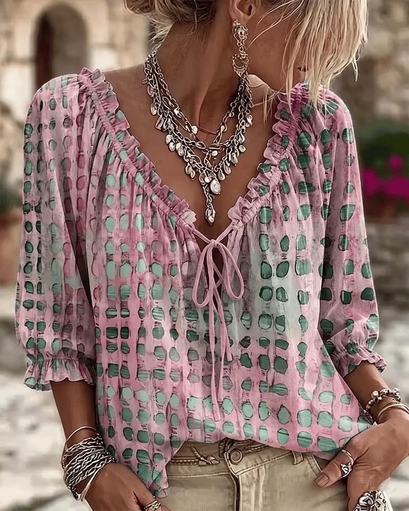 Araminta - Soft-Touch Lace-Up V-Neck Blouse