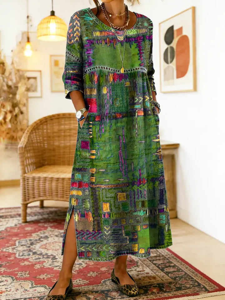 Manuela | Vestido estampado com patchwork étnico