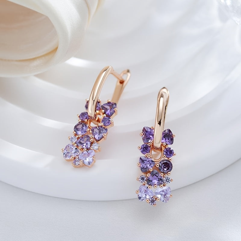 Pendientes de aro chapados en oro con circonita púrpura elegantes  
