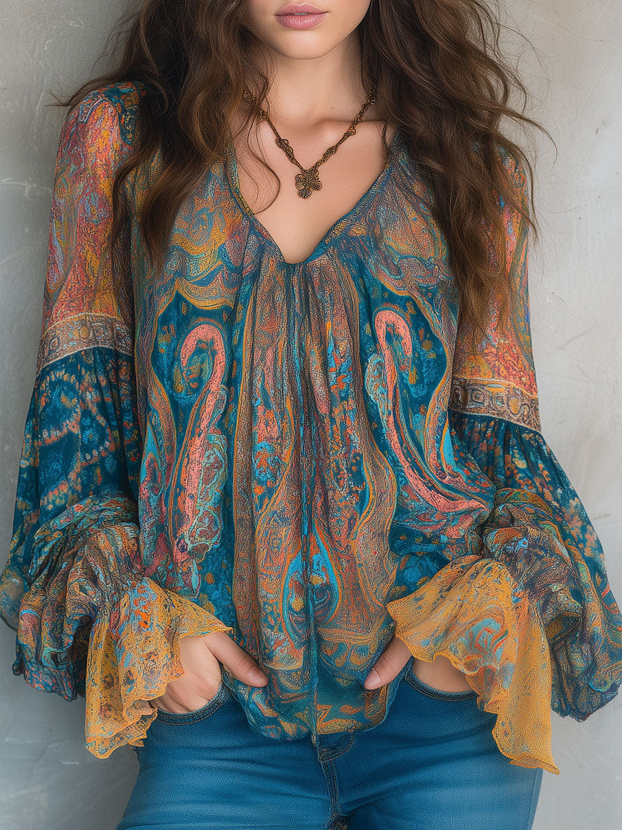 Sara | Bohemian Teal & Amber Paisley Chiffon Blouse With Ruffled Cuffs