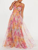 Karen | Vestido largo con estampado floral pintado y escote en V