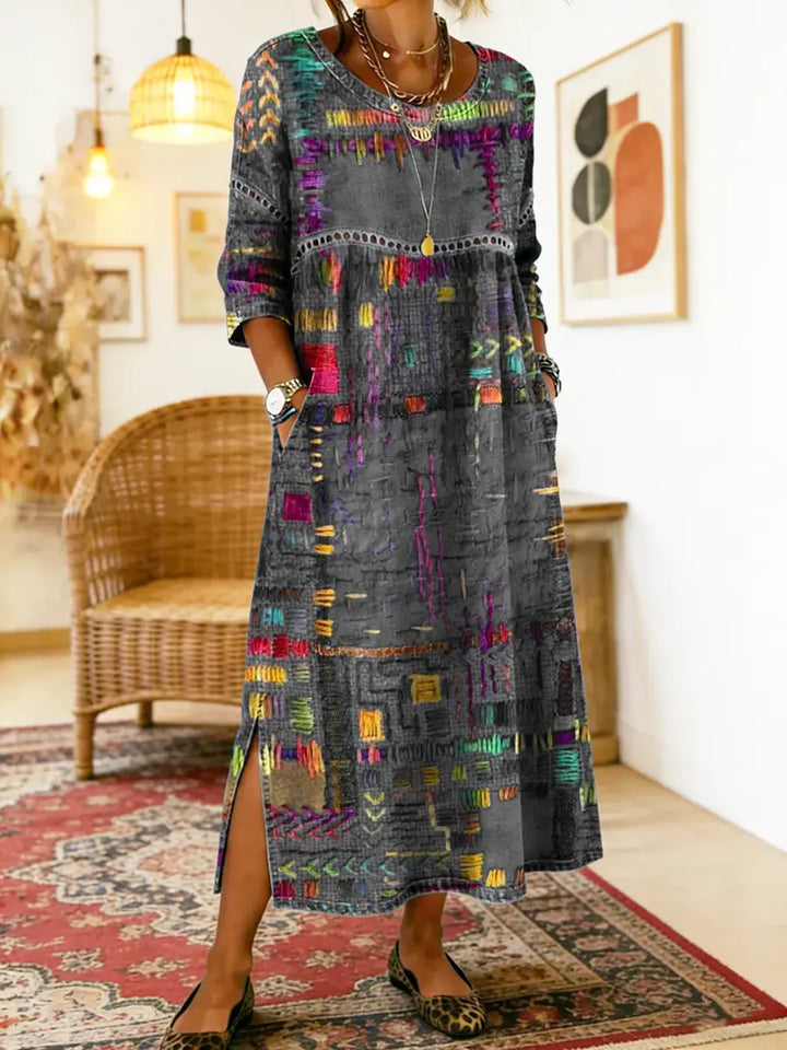 Manuela | Vestido estampado com patchwork étnico