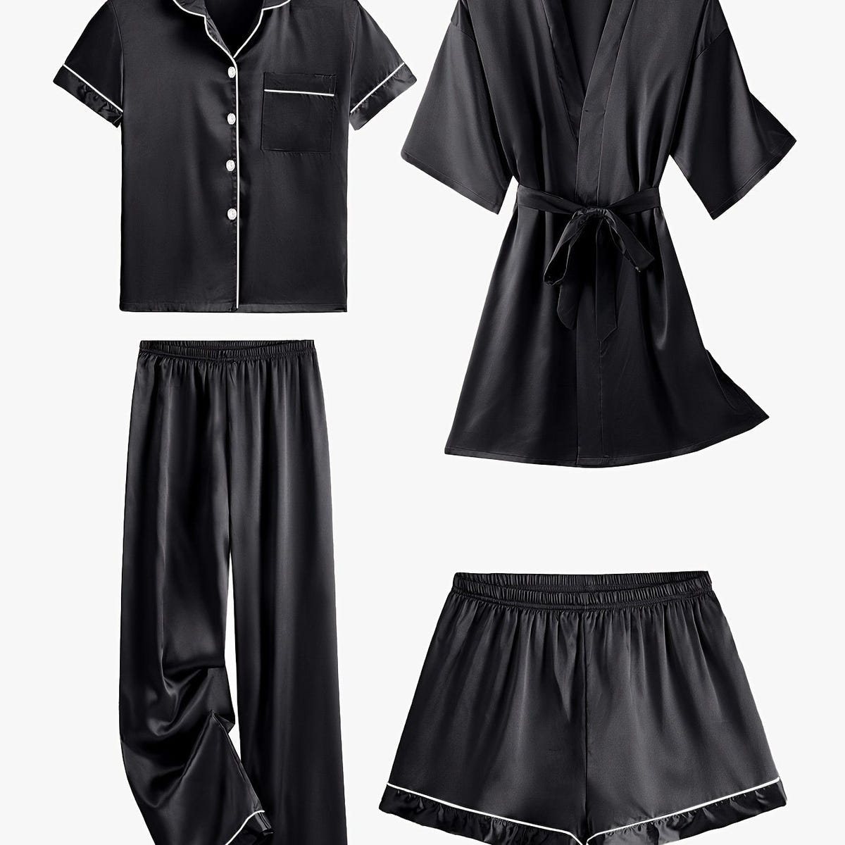 Juliette | Ensemble 4 pièces en satin uni avec pyjama à manches mi-longues et peignoir