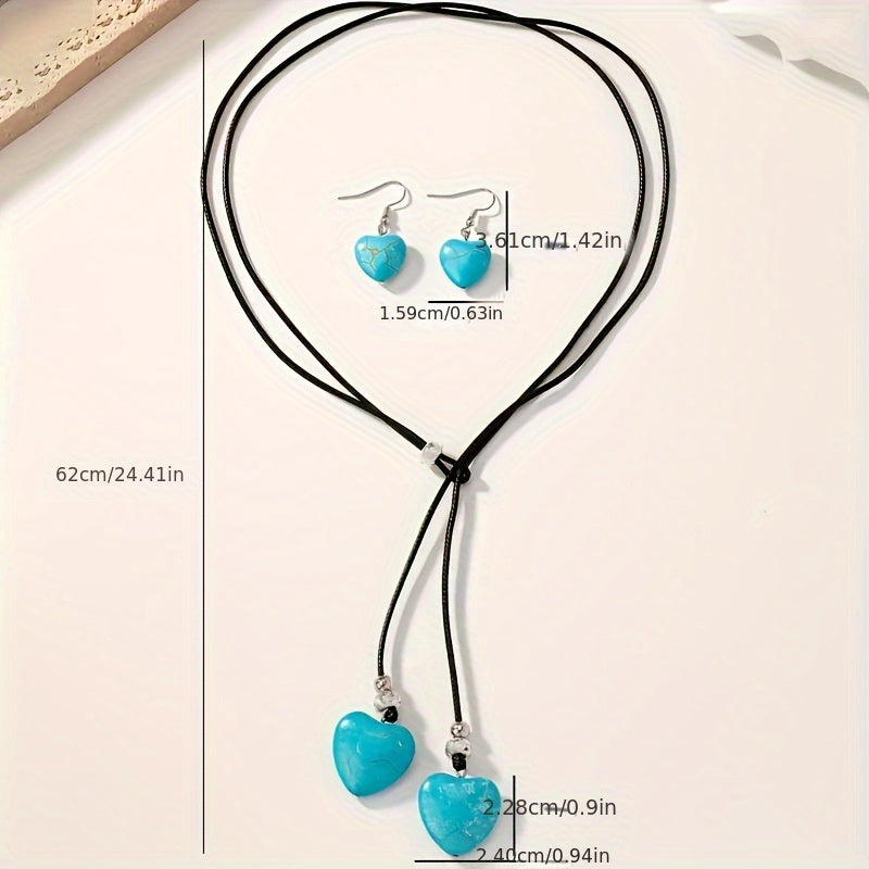 Conjunto vintage bohemio de collar y pendientes con corazón de turquesa  