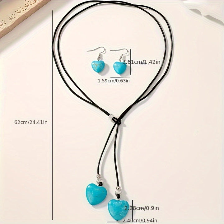 Conjunto vintage bohemio de collar y pendientes con corazón de turquesa  