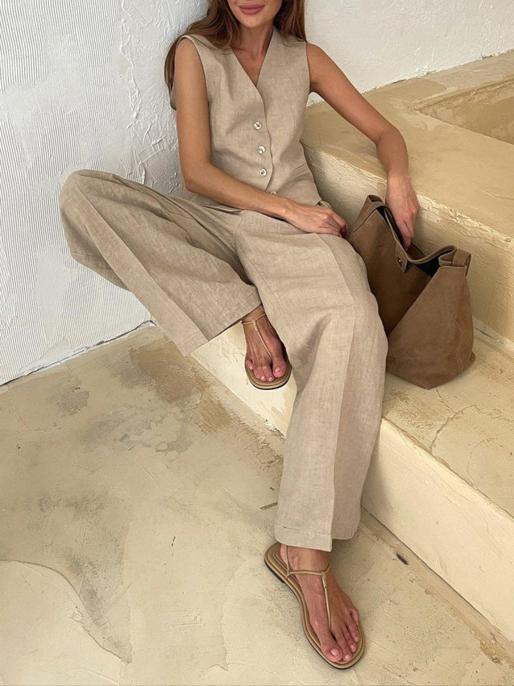 Conjunto de Pantalones Amplios Plisados con Escote en V Lila