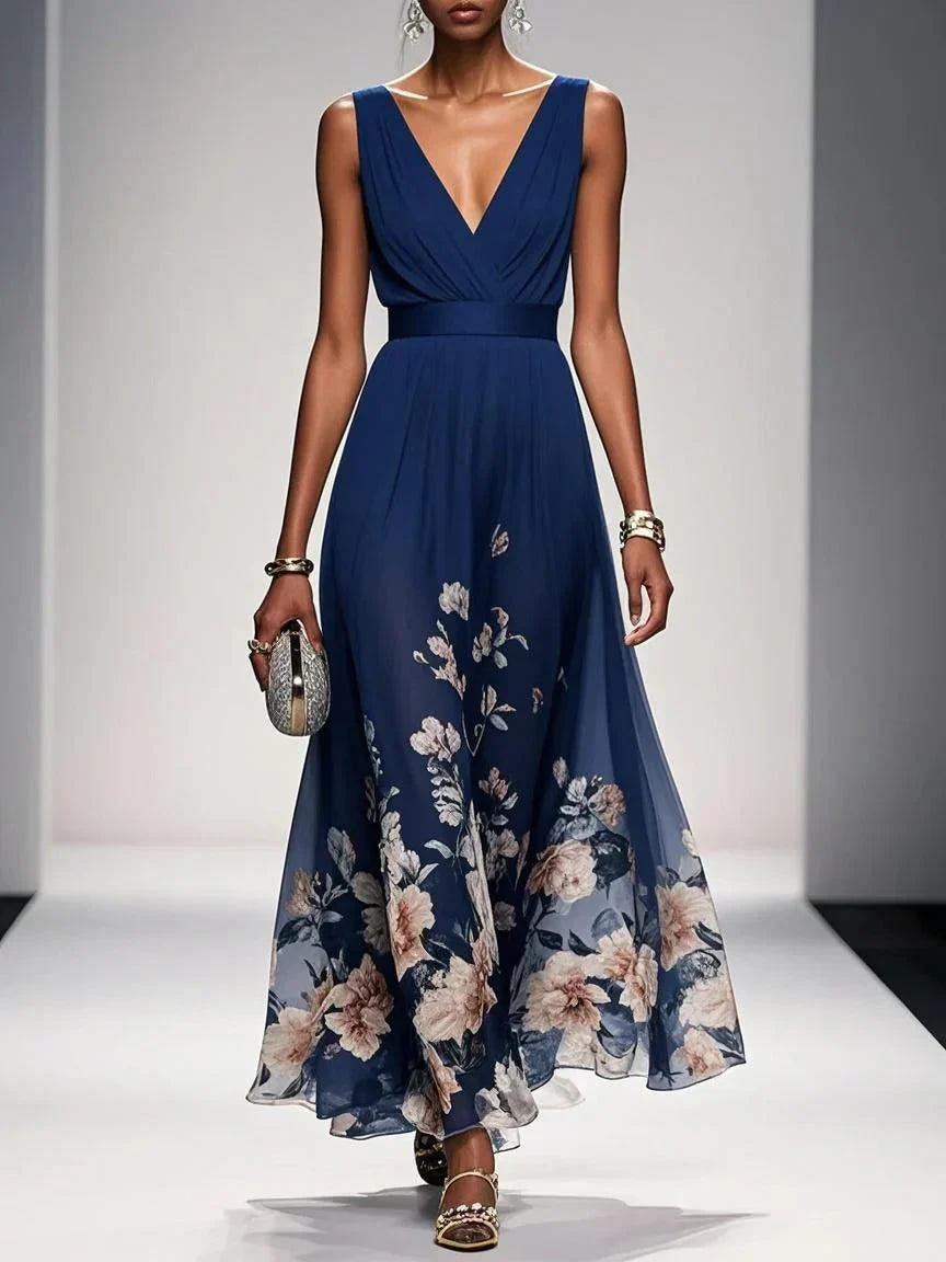 Rose | Vestido maxi floral azul-claro de chiffon com decote em V