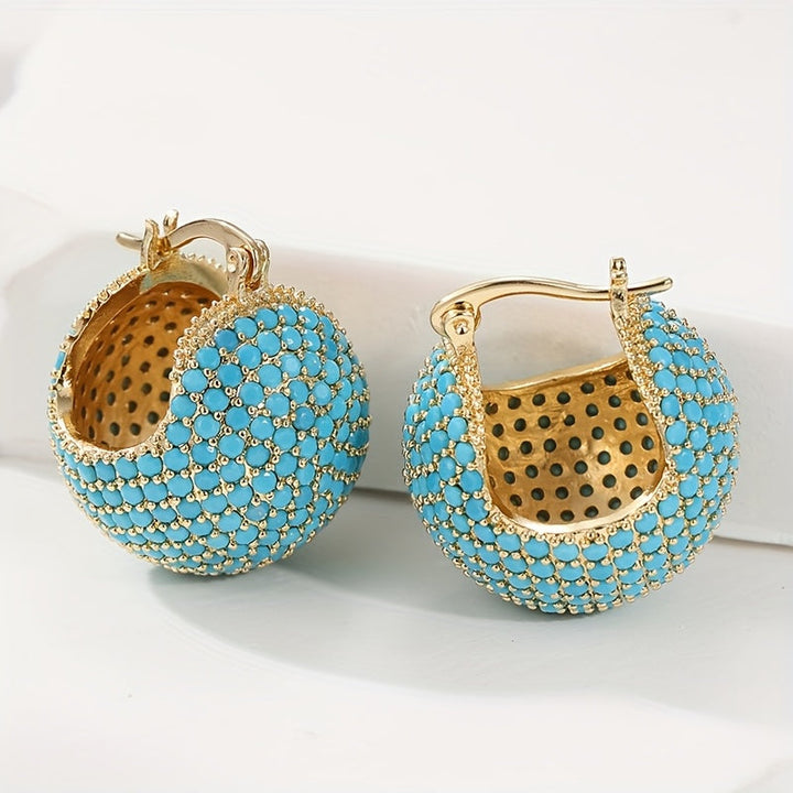 Pendientes clásicos retro de aro cúpula dorada con turquesa