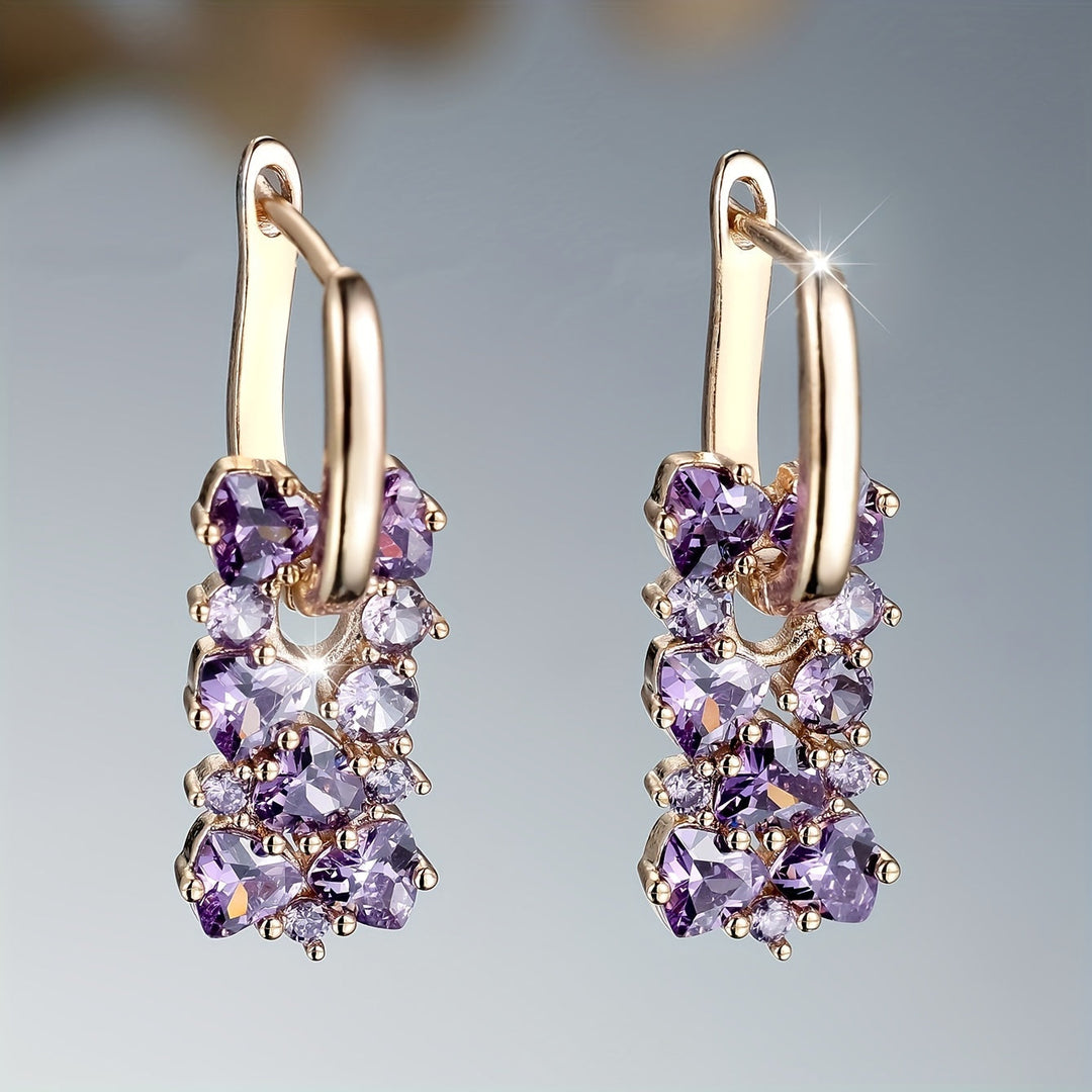 Pendientes de aro chapados en oro con circonita púrpura elegantes  
