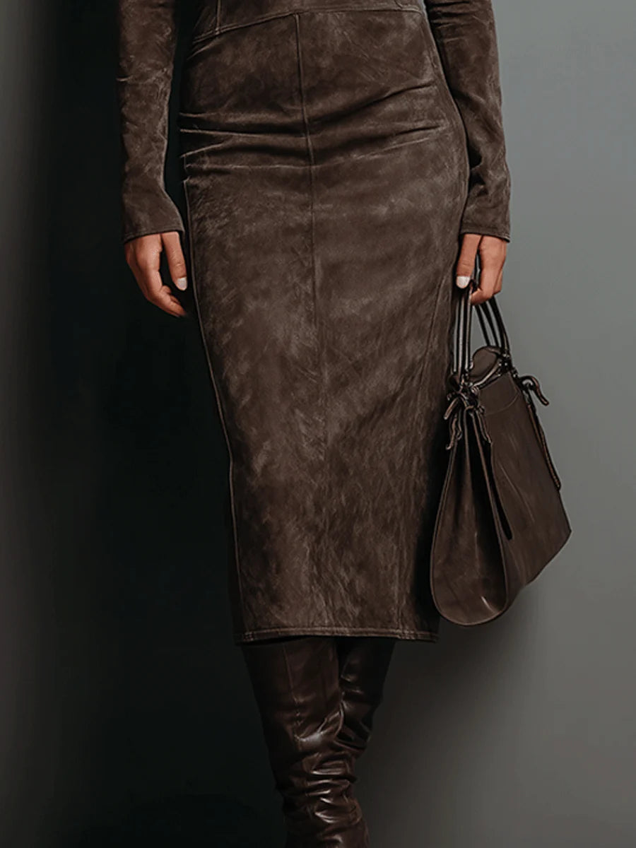 Robine| Vestido midi de ante con mangas largas