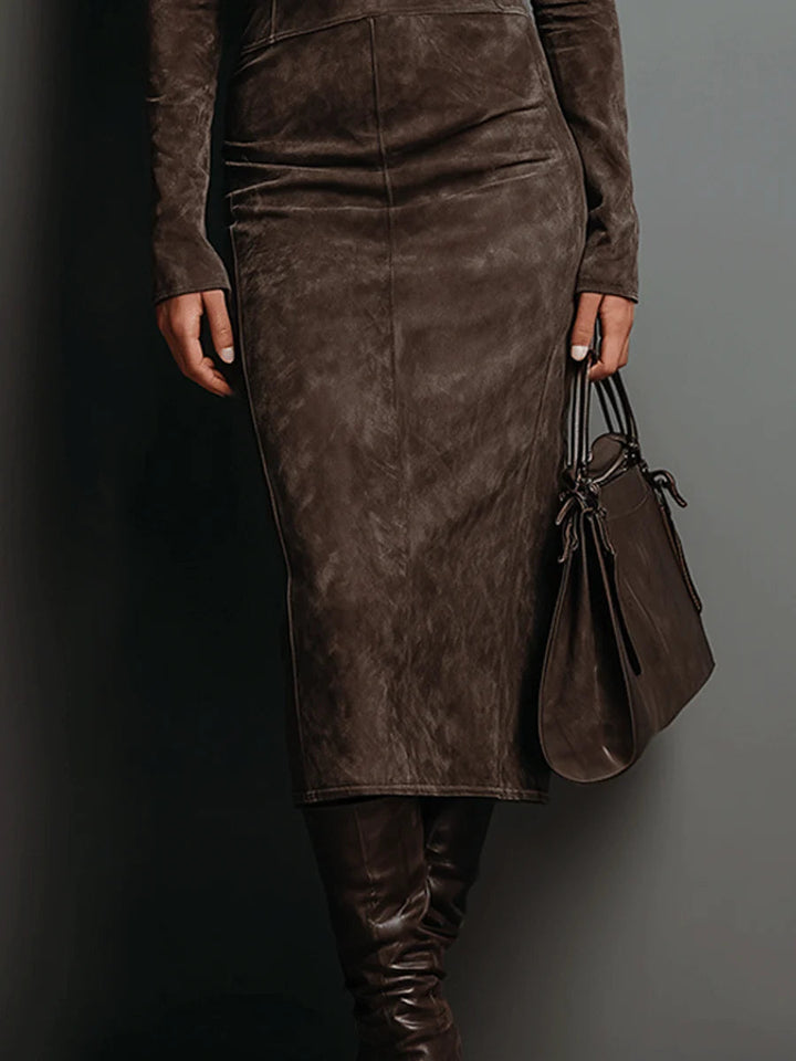 Robine| Vestido midi de ante con mangas largas