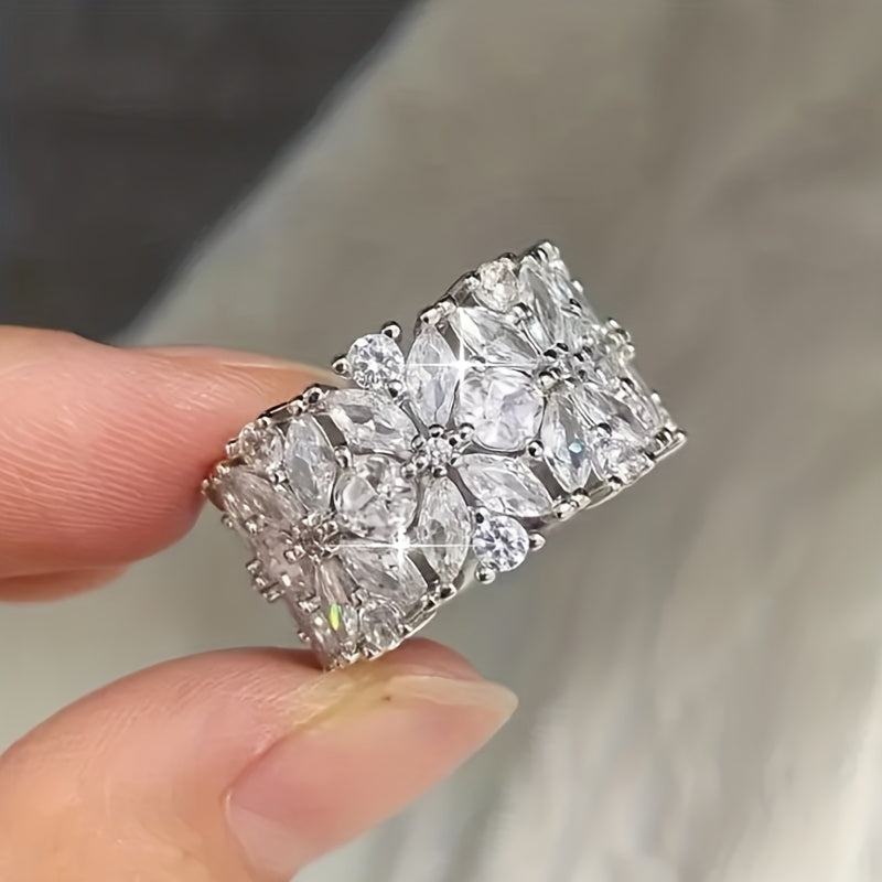 Stylish Wide Zirconia Floral Cluster Diamond Ring