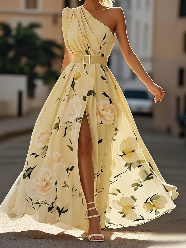 Julie | Vestido maxi de gasa verde claro con flores y un solo hombro