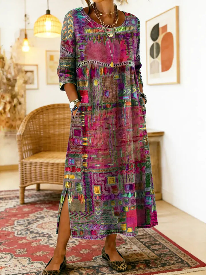 Manuela | Vestido estampado com patchwork étnico