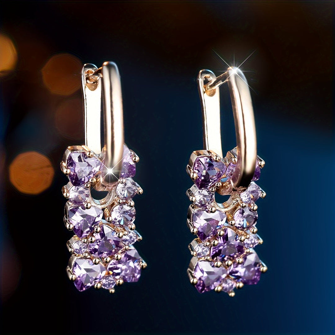Pendientes de aro chapados en oro con circonita púrpura elegantes  